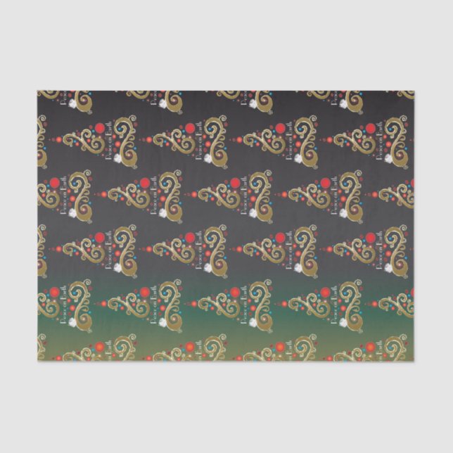 Papel De Seda Patrón de árbol de navidad de oro verde mate (Anverso)