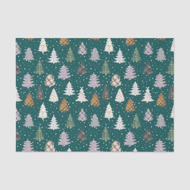 Papel De Seda Patrón de árboles de navidad con patrones en verde (Anverso)