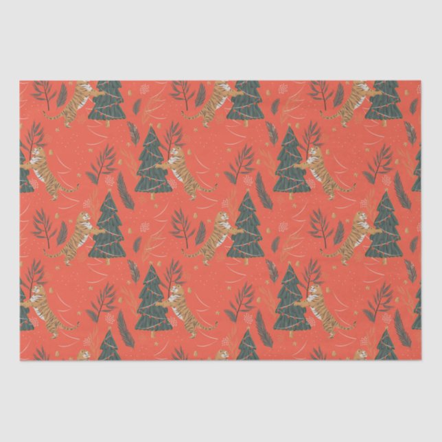 Papel De Seda Patrón de árboles y tigres navideños en el fondo n (Anverso)