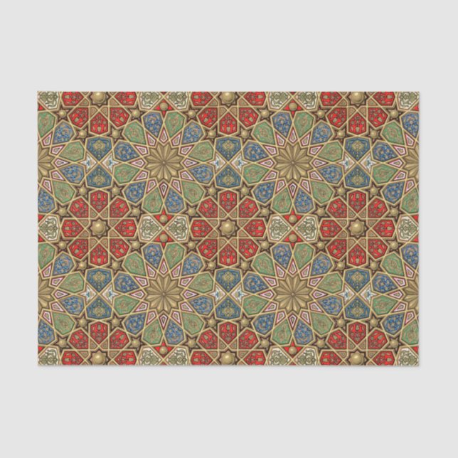 Papel De Seda Patrón de arte árabe rojo verde azul Faux dorado (Anverso)