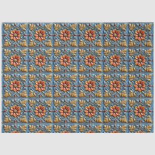 Papel De Seda Patrón de azulejos azules y naranjas florales espa