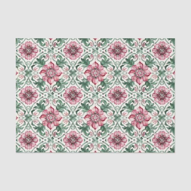 Papel De Seda Patrón de baldosas de flores rojas y verdes de dec (Anverso)