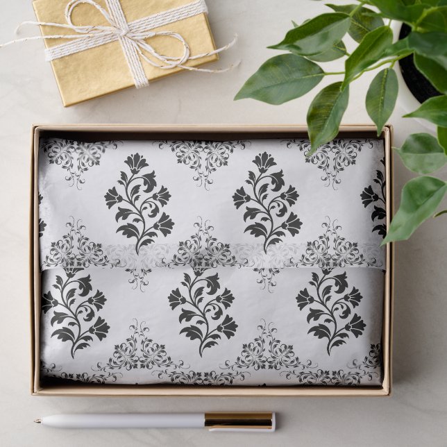 Papel De Seda Patrón de Baldosas Florales Negras Botánico Sofist (Regalo )
