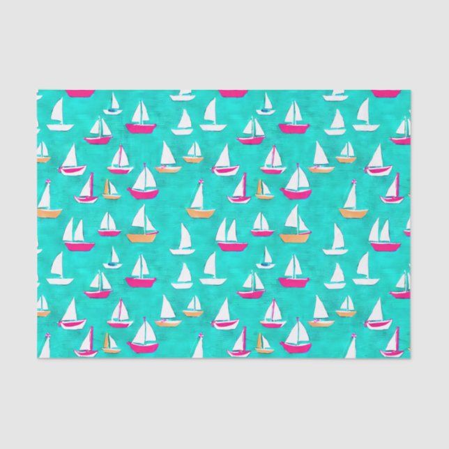 Papel De Seda Patrón de barcos de vela rosa y Aqua (Anverso)