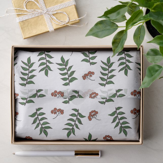 Papel De Seda Patrón de Berries y hojas rojas (Regalo )