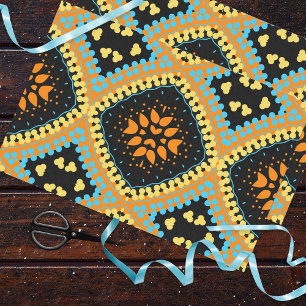 Papel De Seda Patrón de Boho de etnia negra turquesa naranja