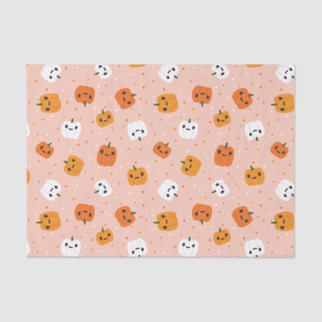 Papel De Seda Patrón de caras de calabaza kawaii (Anverso)