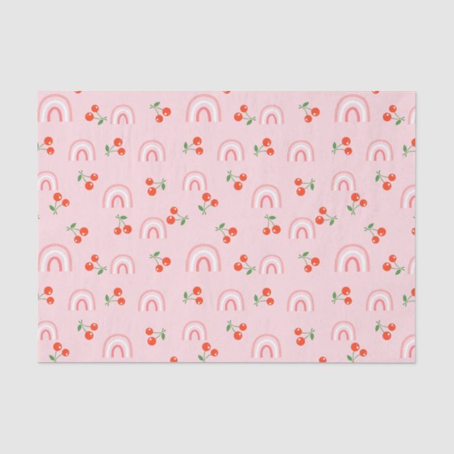 Papel De Seda Patrón de cerezas de arcoiris rosa (Anverso)