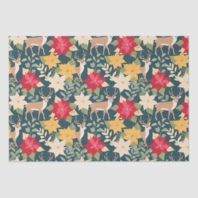 Papel De Seda patrón de ciervos de navidad de poinsettia (Anverso)