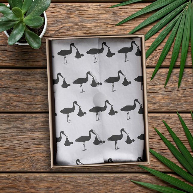 Papel De Seda Patrón de cigüeñal blanco y negro de Baby Shower (Black and white stork baby shower tissue paper just for you)