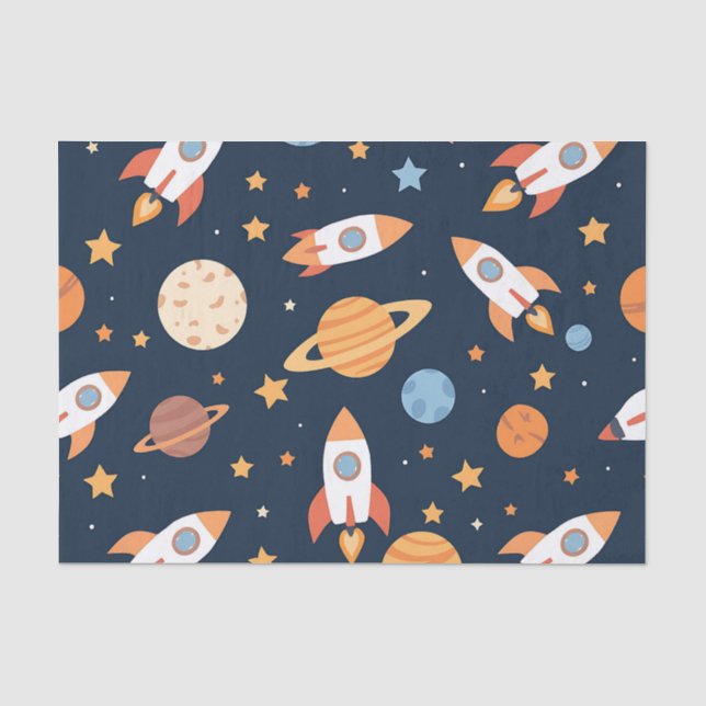 Papel De Seda Patrón de cohetes y planetas del espacio lindo (Anverso)