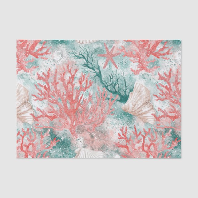 Papel De Seda Patrón de conchas marinas costeras boho (Anverso)
