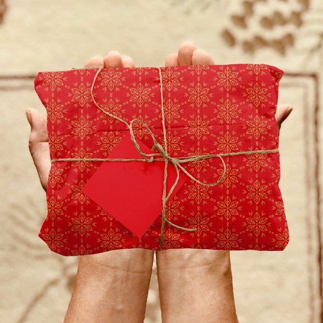 Papel De Seda Patrón de copo de nieve dorado en rojo (Golden Snowflake Pattern on Red Tissue Paper)