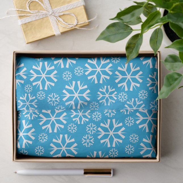 Papel De Seda Patrón de copos de nieve blancos en fondo azul (Regalo )