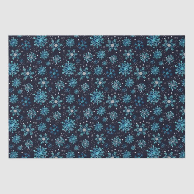Papel De Seda Patrón de copos de nieve de invierno azul y plata (Anverso)