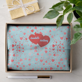 Papel De Seda Patrón de Corazón Adorable Aqua y Nombre Rojo Rosa