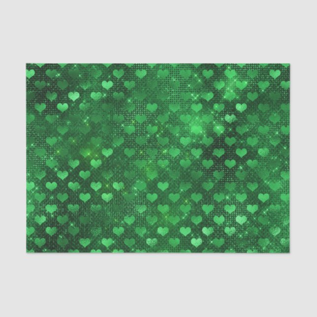 Papel De Seda Patrón de Corazones Glam Verde Esmeralda (Anverso)