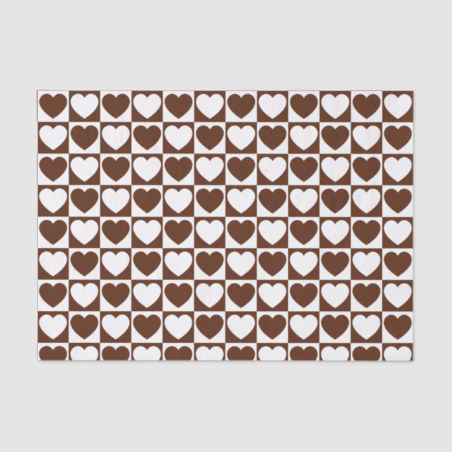 Papel De Seda Patrón de cuadros marrones y blancos con corazones (Anverso)