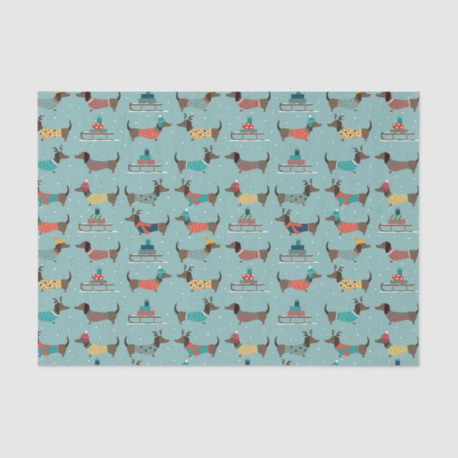 Papel De Seda Patrón de dachshunds de vacaciones con regalos y m (Anverso)
