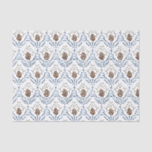 Papel De Seda Patrón de Damasco Azul Claro con Piñas (Anverso)
