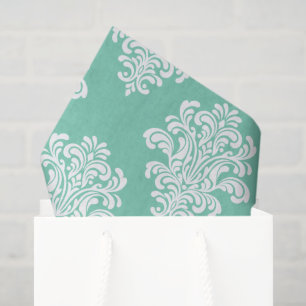 Papel De Seda Patrón de damasco blanco en Aqua