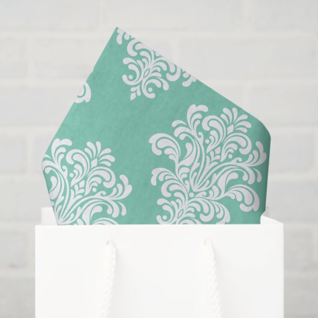 Papel De Seda Patrón de damasco blanco en Aqua (Bolsa de regalo)
