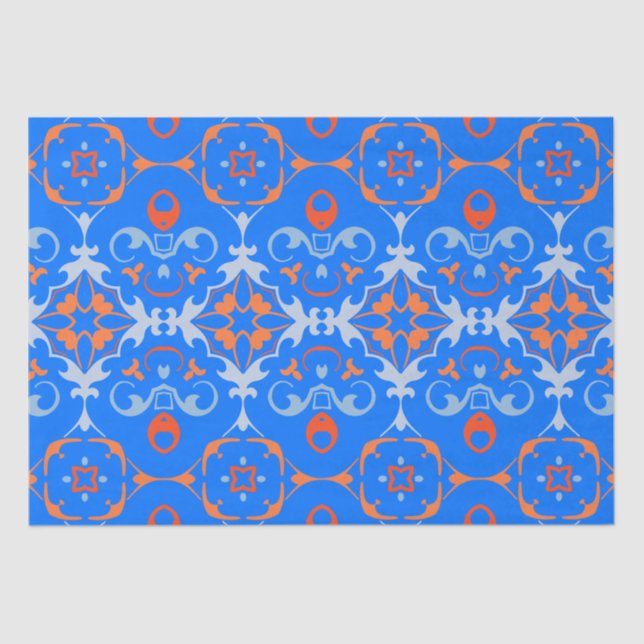 Papel De Seda Patrón de Damasco de Boho de la etnia Naranja azul (Anverso)