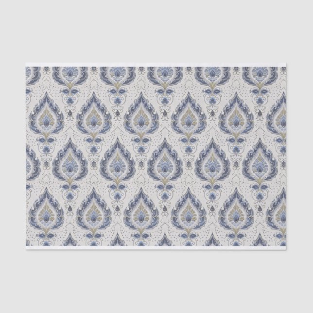 Papel De Seda Patrón de Damasco de época en tonos azules (Anverso)