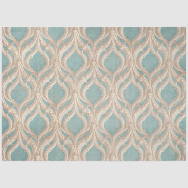 Papel De Seda Patrón de damasco de época Moldura de marfil azul  (Anverso)