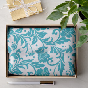 Papel De Seda Patrón de damasco floral blanco y turquesa