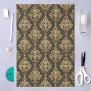 Papel De Seda Patrón de damasco floral dorado y negro sin costur