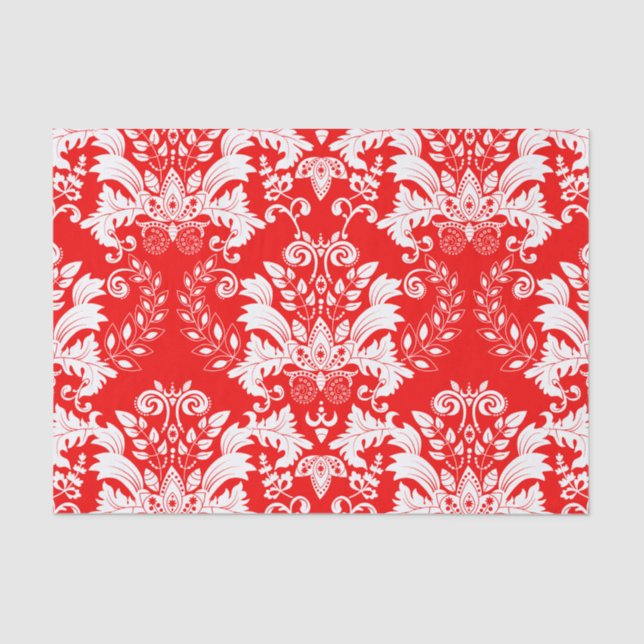 Papel De Seda Patrón de Damasco Floral rojo y blanco (Anverso)
