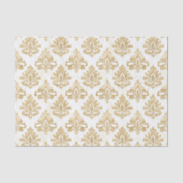 Papel De Seda Patrón de Damasco Ornamental Blanco y Oro Vintage