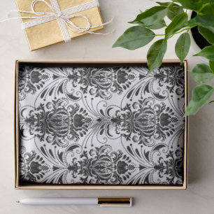 Papel De Seda Patrón de damasco ornamental vintage blanco y negr