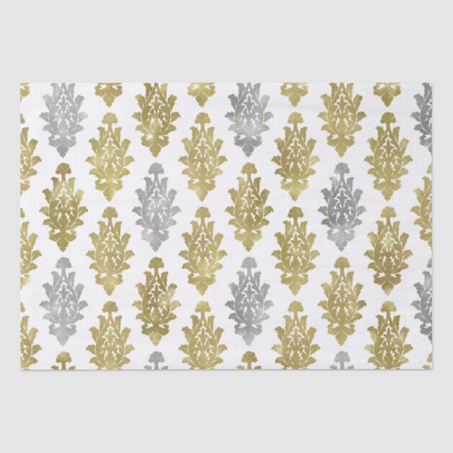 Papel De Seda Patrón de Damasco plateado y dorado (Anverso)