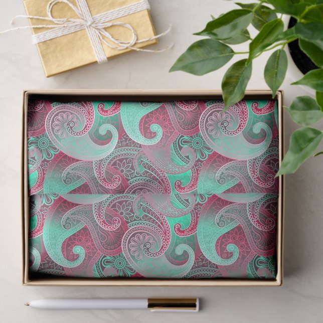 Papel De Seda Patrón de Damasco Rosa y Aqua Paisley (Regalo )