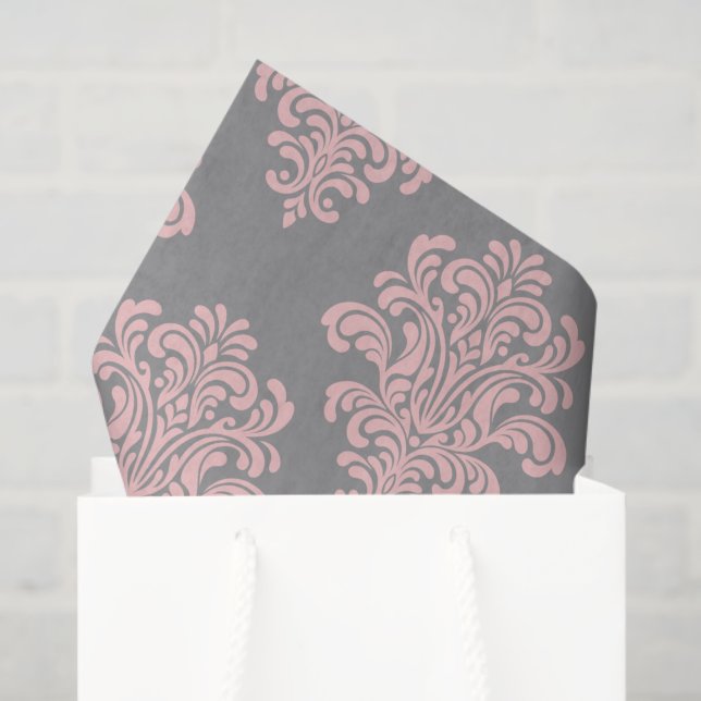 Papel De Seda Patrón de Damasco rosa y gris (Bolsa de regalo)