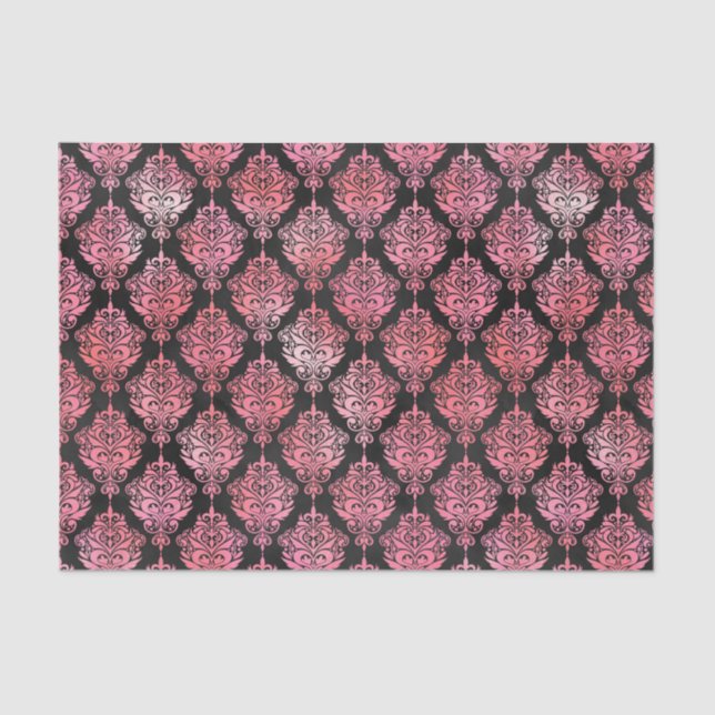 Papel De Seda Patrón de Damasco rosa y negro (Anverso)