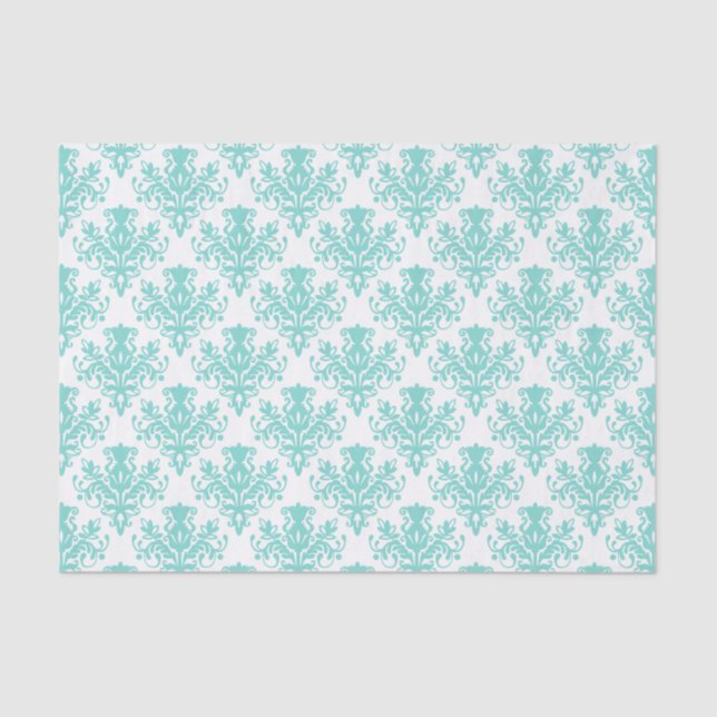 Papel De Seda Patrón de Damasco - Verde azul claro (Anverso)