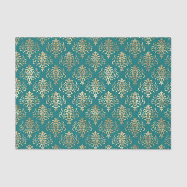 Papel De Seda Patrón de Damasco verde azulado y de Relieve metal (Anverso)