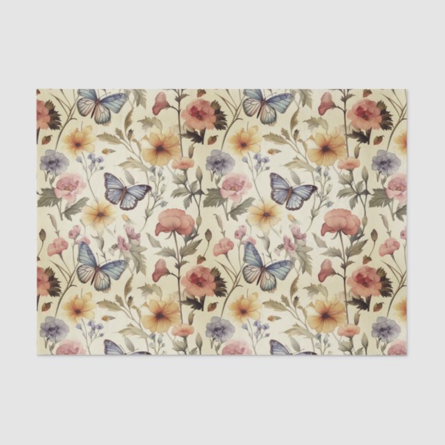 Papel De Seda Patrón de descontaminación de mariposas y flores a (Anverso)