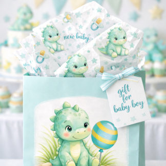 Papel De Seda Patrón de dinosaurio azul turquesa y blanco
