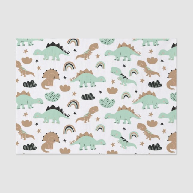 Papel De Seda Patrón de dinosaurio verde de menta (Anverso)