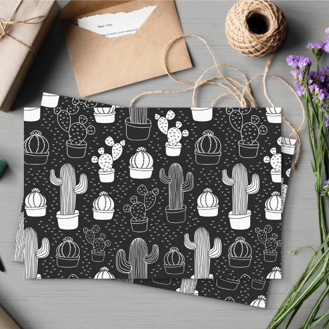 Papel De Seda Patrón de doodle de cactus en blanco y negro (Black and White Doodle Cactus Pattern Tissue Paper)
