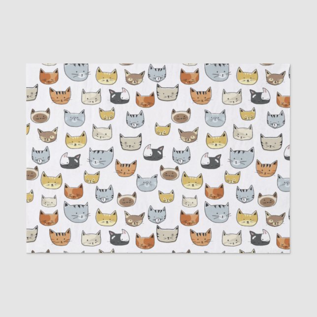 Papel De Seda Patrón de doodle de cara de gato (Anverso)