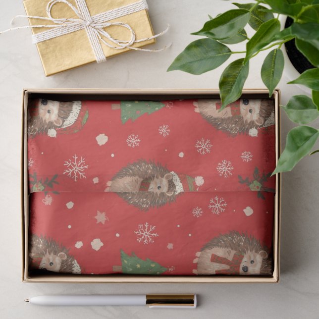 Papel De Seda Patrón de erizo lindo Rojo Verde Navidad  (Regalo )
