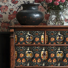 Papel De Seda Patrón de escarabajo floral amarillo y negro vinta