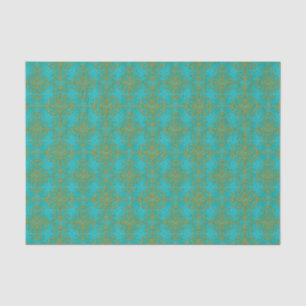 Papel De Seda Patrón de estilo damasco floral de oro y turquesa