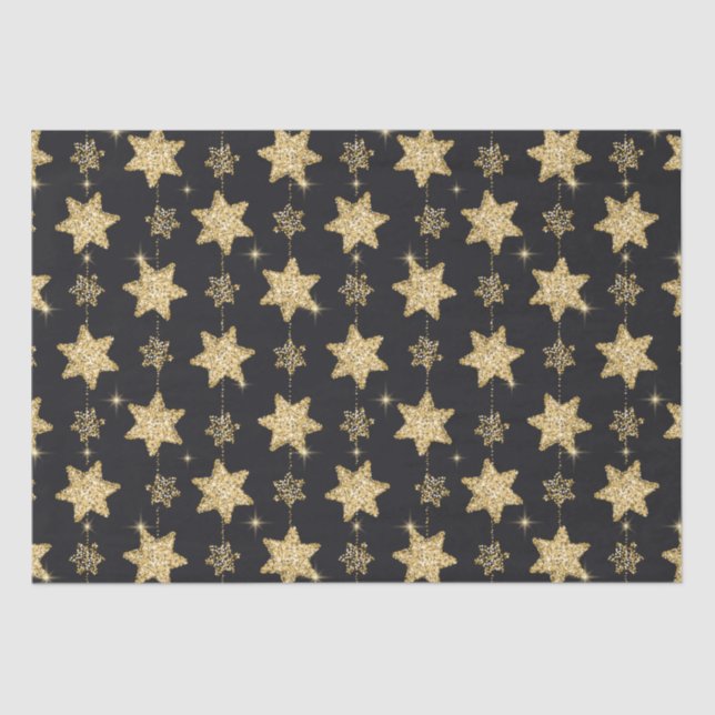 Papel De Seda Patrón de estrellas de Purpurina de Glam Negro (Anverso)