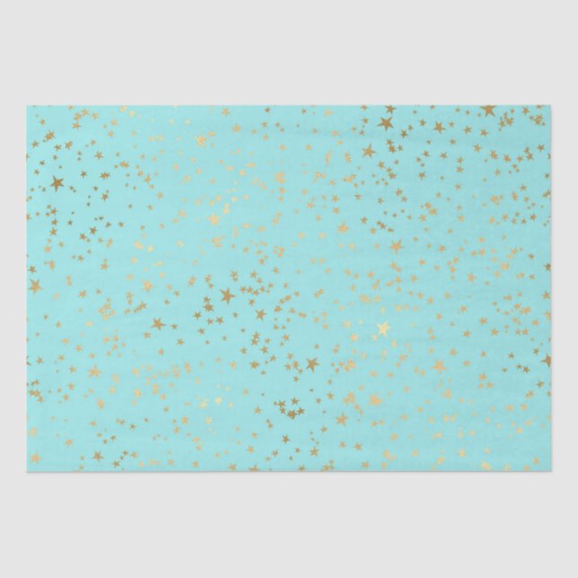 Papel De Seda Patrón de estrellas turquesas y doradas (Anverso)